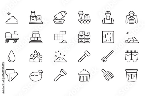 Concrete plant mixer and building material vector line icons for construction engineering design