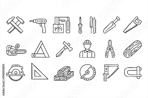 Woodworking and handyman tool vector line icons for workshop construction and repair concepts