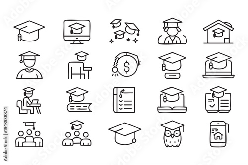 Education and graduation outline icons set for students universities online learning and academic platforms
