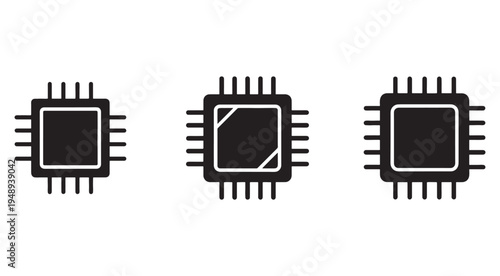 Three black and white computer processor chip icons with various pin configurations and damaged microchip on white background  electronic components