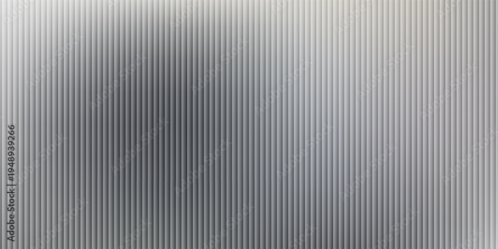Fototapeta premium Acrylic satin corrugated glass texture light gray background. Blurred soft ribbed transparent striped door window overlay. Metal silver reeded polycarbonate sheet. Abstract vertical gradient pattern