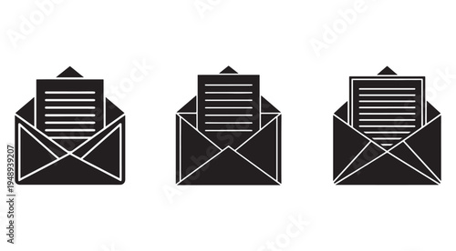Three black and white icons of envelopes with documents inside on white background  email communication symbols