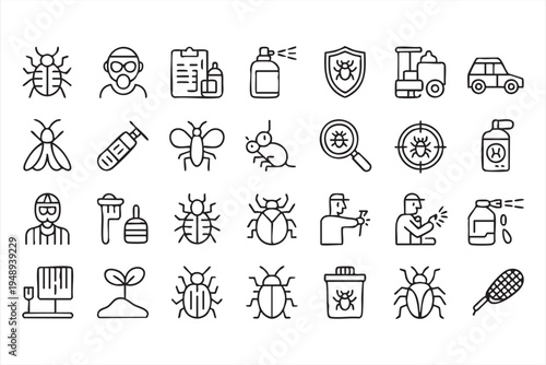 Professional pest control service icons including pesticide spray insects and protection shield