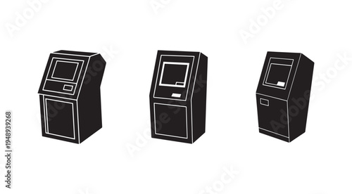 Three black and white illustrations of automated teller machines with different angles and positions for banking and financial transactions