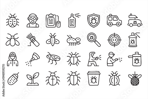 Pest control and insect exterminator outline icons set with pesticide spray fumigation and sanitation tools