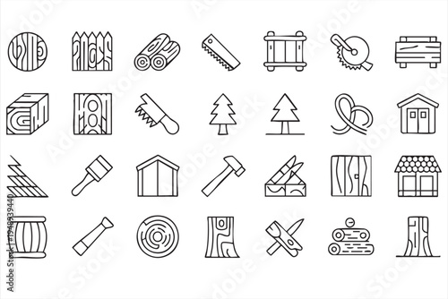 Lumber timber and forestry vector line icons including tree log axe pallet and woodworking tools