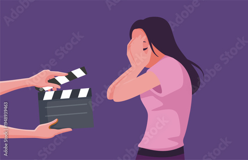 Sad Actress Performing in Drama Movie Vector Illustration. Entertainment industry personnel are casting a soap opera series