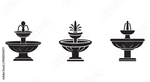 Three black and white illustrations of different fountains with water spouts and basins in various designs on white background