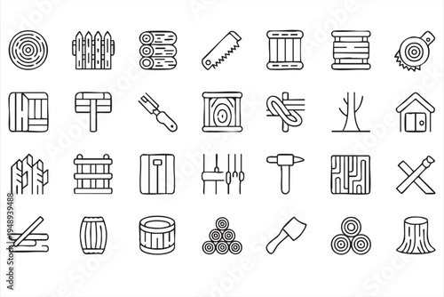 Carpentry and woodworking line icons for lumber cutting sawmill timber stack and wood construction