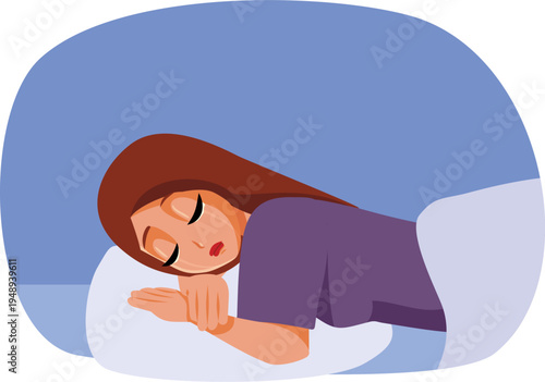 Tired Woman Resting in Bed Sleeping Vector Illustration. Exhausted person has nightmares and does not rest well and sufficiently