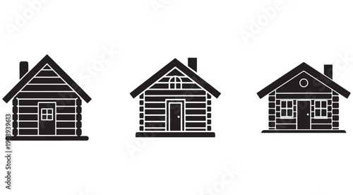 Three black and white log cabin house icons with different designs  simple wooden homes with roofs and doors  isolated on white background