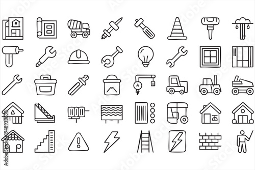 Engineering and building construction outline icons for repair maintenance and architecture concepts
