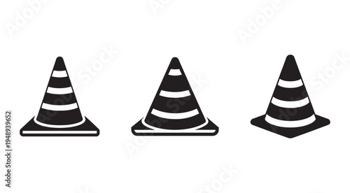 Three black and white traffic cones illustration  road safety symbols  traffic cones in different positions