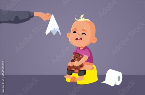 Constipated Baby on a Potty Receives a Wet Wipe Vector Illustration. Child feeling stressed about a diarrhea episode sitting on the toilet  