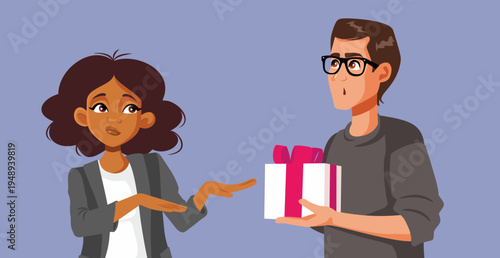 Woman Refusing a Gift from a Suitor Vector Illustration. Girl does not want to accept attention from a suitor
