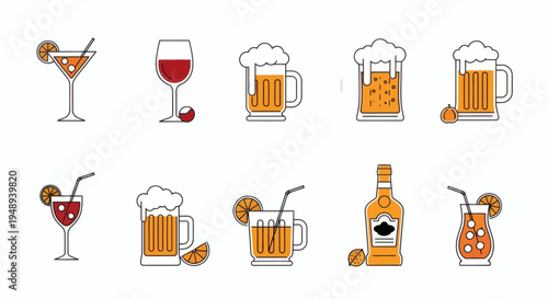 A vibrant collection of flat line art vector icons featuring various alcoholic beverages like cocktails, wine, and beer in diverse glassware, ideal for digital menus and entertainment apps