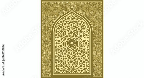 Golden ornate archway with intricate geometric Islamic patterns, embodying traditional arabesque decoration and architectural elegance