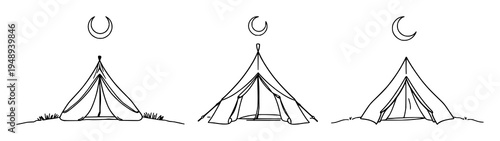 Tent set with continuous line art of a tent under a crescent moon featuring camping, adventure, silhouette with thin black line and white background