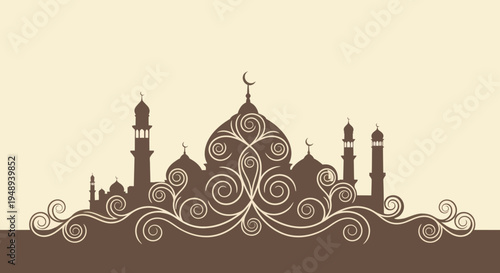 Elegant and intricate Islamic architectural design featuring domes, minarets, and spiritual patterns, symbolizing cultural heritage and devotion