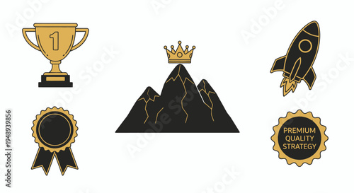 Collection of icons representing success, achievement, and business goals including a trophy, mountain peak with crown, rocket, and award ribbon