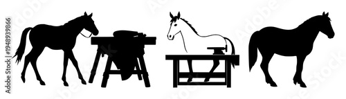 Leatherwork stitching pony set with solid black silhouette on white background featuring professional, artisan, craft trade with leatherwork and stitching