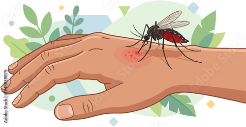 Vector illustration of a mosquito biting a human hand causing red itchy skin irritation. Concept of insect bite, allergy reaction, mosquito attack, disease risk, dengue and malaria awareness.