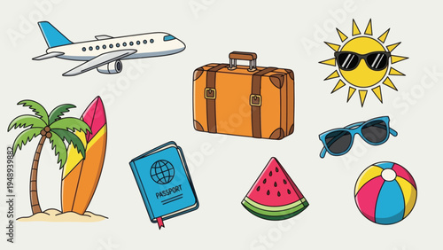 Summer vacation and travel essentials airplane, suitcase, surfboard, watermelon, passport, beach ball, sunglasses