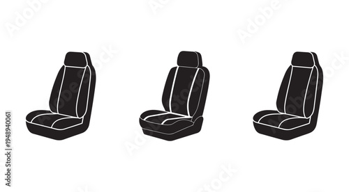 Three black car seats with white outlines shown from different angles for interior design and automotive concepts  car seat designs and upholstery patterns