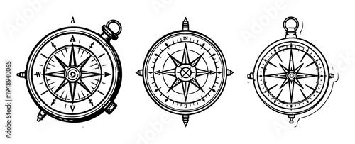 Vintage surveyor's compass sticker set with minimalist design featuring exploration gear, navigation, cartography with bold borders and white background