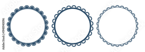 Navy blue lace circle frames set. Three round borders with scalloped cutout edges, dotted trim. Paper doily napkin patterns. Vintage invitation, tea party, cake mat, table decoration. Vector.