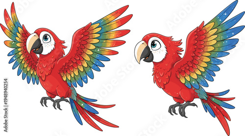 Colorful macaw parrot cartoon characters with rainbow wings tropical bird mascot illustration vibrant vector set isolated on background