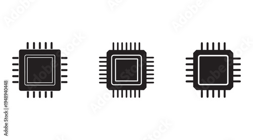 Three black computer processor chips with white outlines and multiple pins on a white background