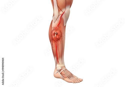 3D medical illustration of human leg muscles and tendons anatomy in red detail isolated on white background