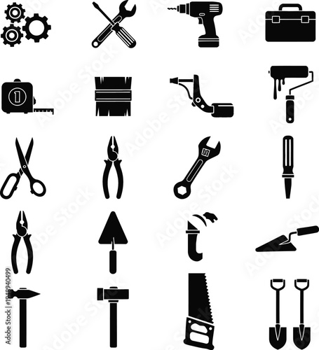Collection of 20 black tool icons on white background