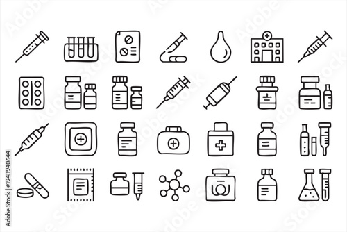 Pharmacy and Medical Medicine Line Icons Collection with Syringes Pills and Bottles