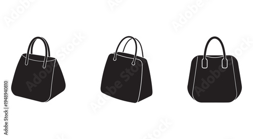 Three black handbags with white outlines shown from different angles isolated on white background