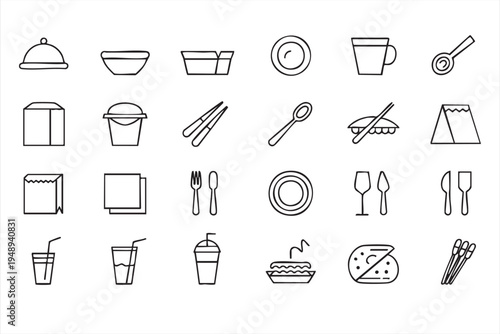 Restaurant Dining and Tableware Line Icons Collection with Plates Cups and Utensils