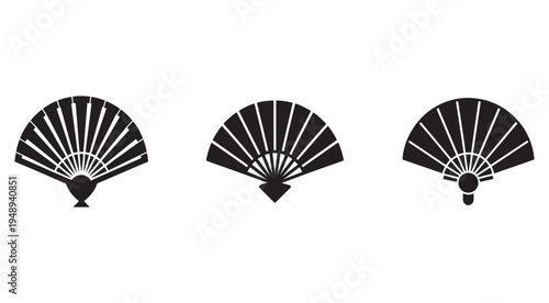 Three black hand held folding fans with different designs  isolated on white background