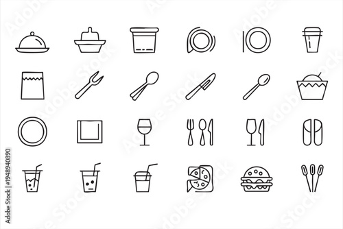 Restaurant Menu and Dining Tableware Line Icons for Food Service Design