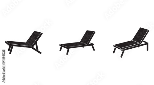 Three black lounge chairs in different positions on white background  reclining furniture for relaxation and leisure activities