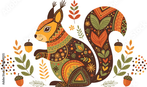 Decorative folk art squirrel with floral patterns woodland animal boho ornamental illustration ethnic vector design isolated background