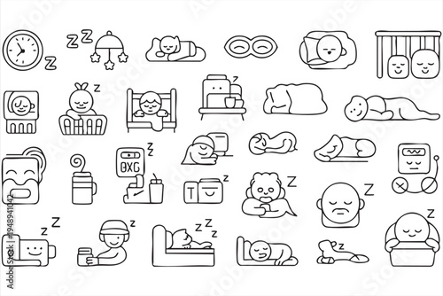 Sleep and Bedtime Routine Line Icons Collection with People Resting and Dreaming