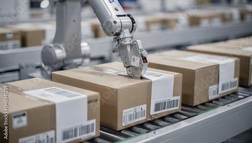 Focused view on a robot sealing sealed boxes labeled with custom barcodes highlighting efficiency in automated shipping.