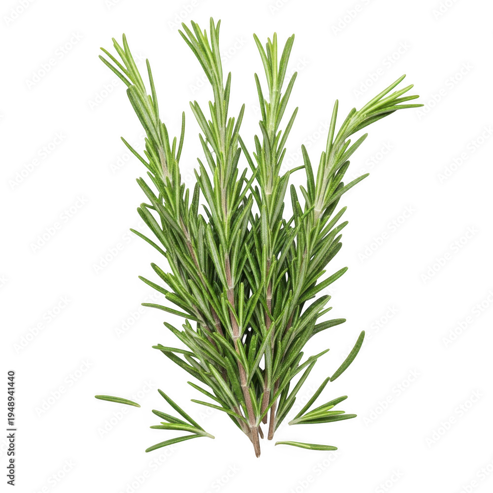 Obraz premium Fresh rosemary sprigs bundle, organic green herb branches for cooking, aromatic culinary rosemary plant isolated on white background