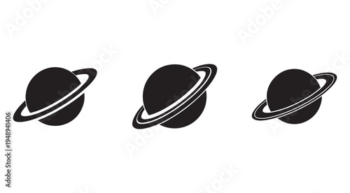 Three black planet icons with rings in different positions on white background  isolated planet symbols with halo rings for astronomy and space design