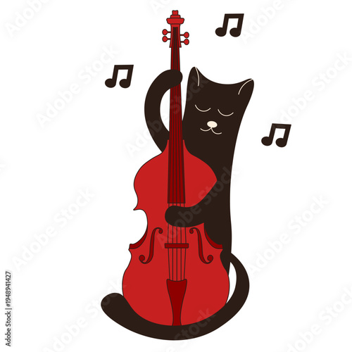 Simple hand drawn black cat with double bass. Vector illustration of cat with Contrabass isolated transparent background. Perfect music t-shirt print. Editable stroke 