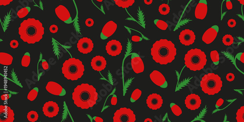 Floral background. Vector red poppy Flowers Seamless Pattern isolated black background. Folk textile fabric print living room bedroom wallpaper printing design