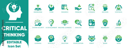 Critical Thinking Icon Set. Ai, argument, cognition, critical, decision, editable, evaluation, explanation, research, editable, and solid icons.