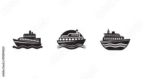 Three black silhouette ferry boat icons on white background  sea transportation  boat icons