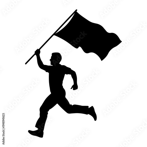 Silhouette of a man running with a waving flag, flat design vector illustration